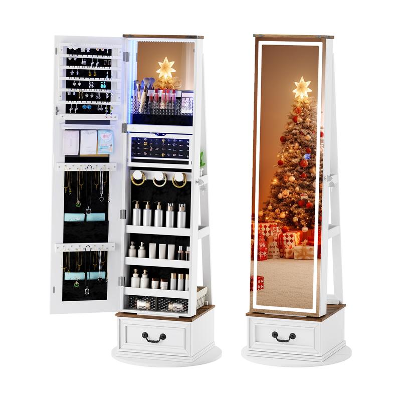 5-in-1 LED Jewelry Armoire with Double Mirrors: 360° Swivel Base, 3-Color Lights, Wooden Drawer and Storage Shelves Decor Vanity