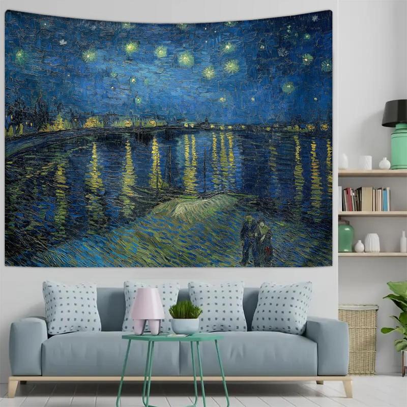 Starry Night Oil Painting Tapestry, 1 Count Vintage Night Landscape Tapestry, Wall Hanging for Bedroom and Living Room Decoration