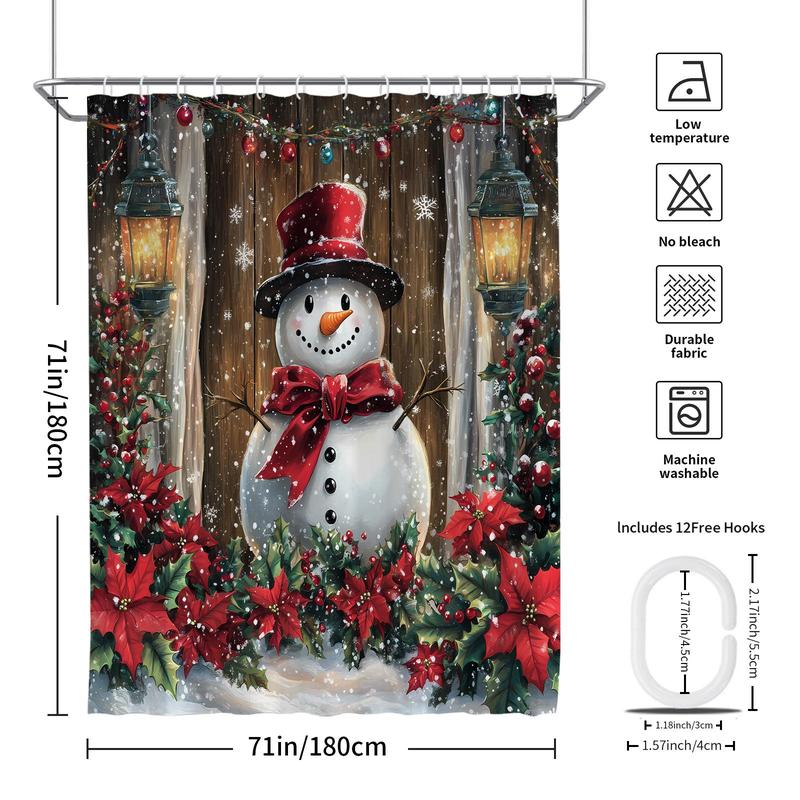 Christmas Snowman Pattern Shower Curtain, 1 4 Counts Bathroom Decoration with Hooks, Accessories for Home Hotel Dormitory