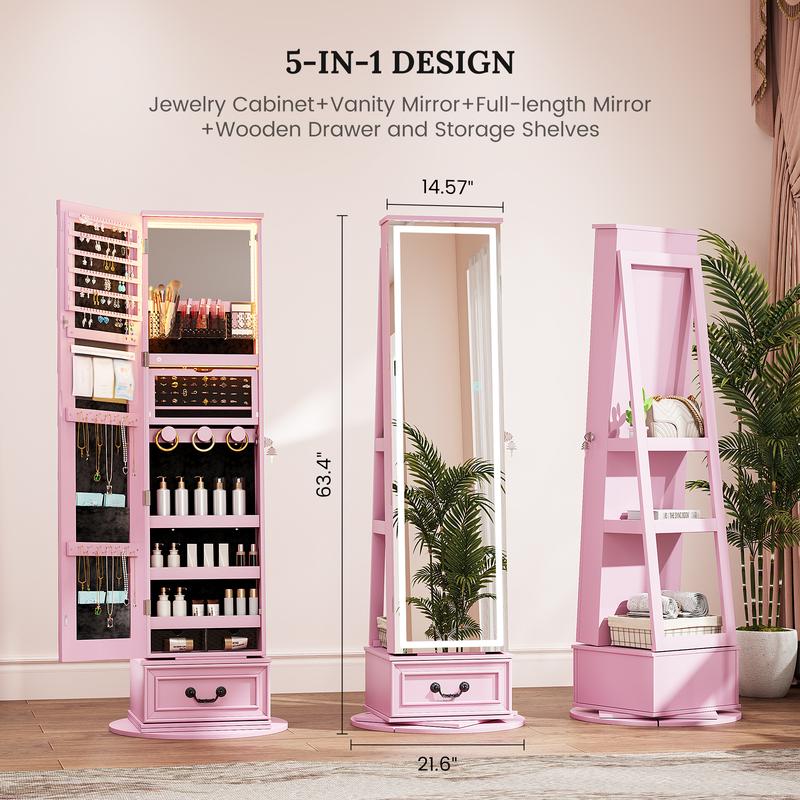 5-in-1 LED Jewelry Armoire with Double Mirrors: 360° Swivel Base, 3-Color Lights, Wooden Drawer and Storage Shelves Decor Vanity