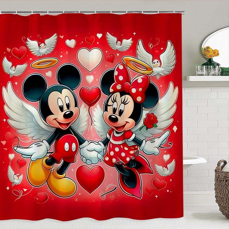 Cartoon Minnie & Mickey & Wings Pattern Shower Curtain, 1 Count Waterproof Bathroom Curtain with Hooks, Bathroom Decor Supplies for Home Hotel Salon Dormitory