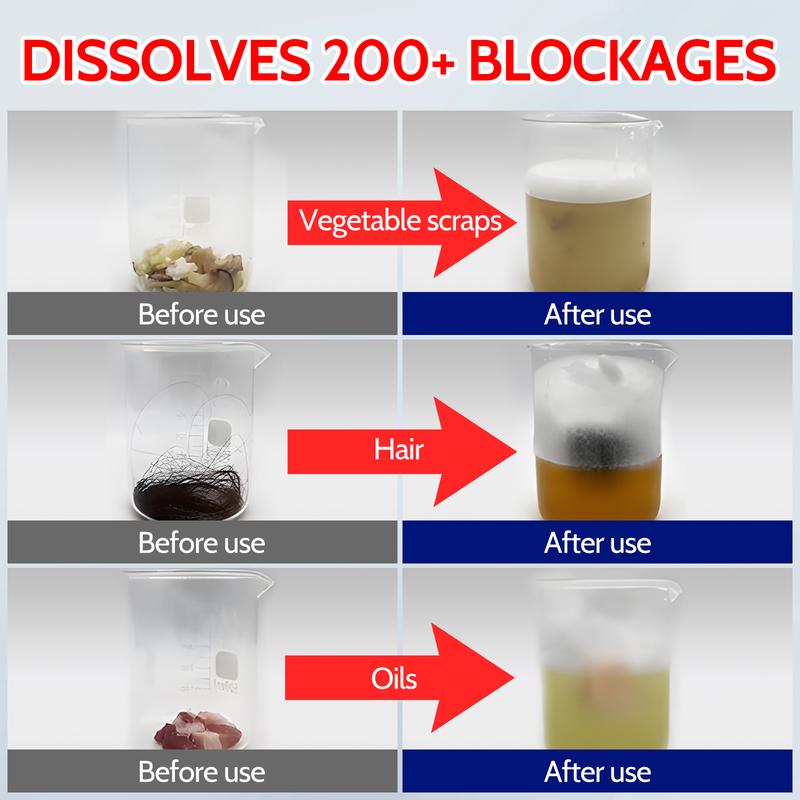 Pipeline unblocking agent strongly dissolves toilet, kitchen sewage, oil stains, plugs, deodorizers, deodorizers