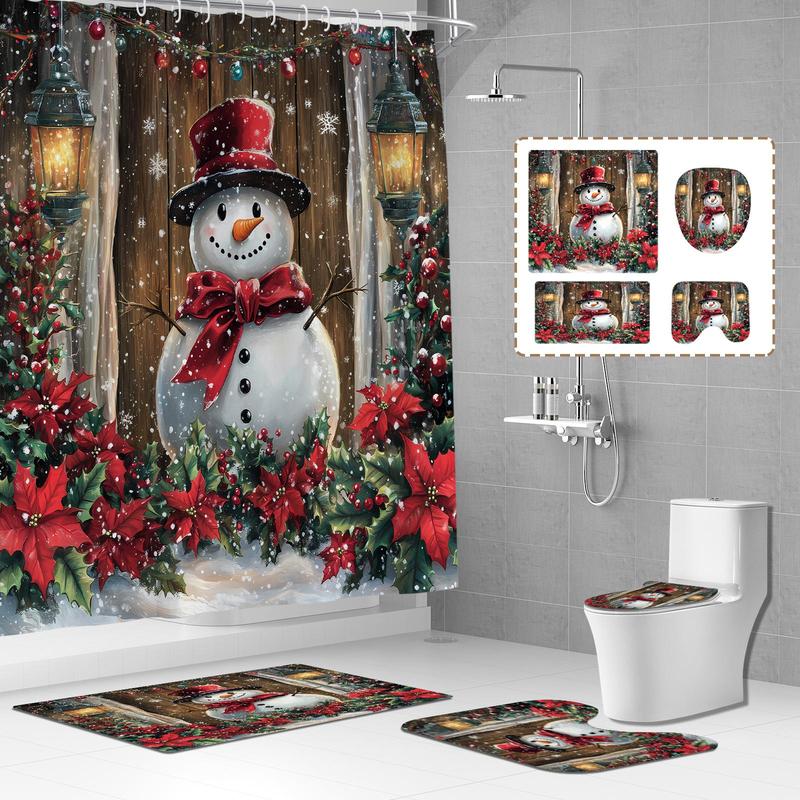 Christmas Snowman Pattern Shower Curtain, 1 4 Counts Bathroom Decoration with Hooks, Accessories for Home Hotel Dormitory