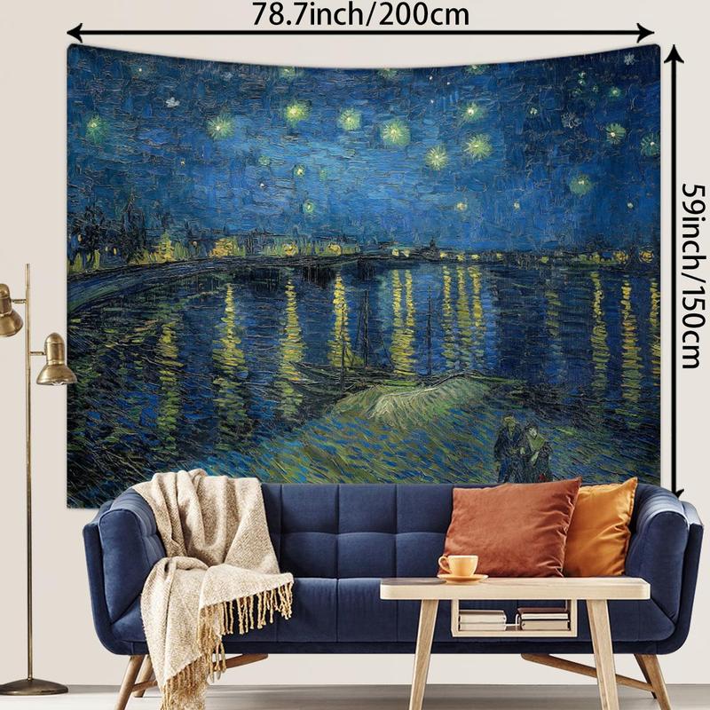 Starry Night Oil Painting Tapestry, 1 Count Vintage Night Landscape Tapestry, Wall Hanging for Bedroom and Living Room Decoration