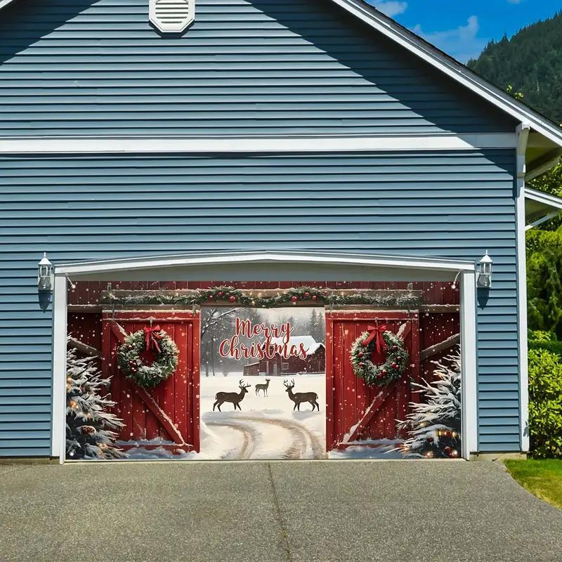 Merry Christmas Themed Garage Door Cover, Snowy Scene Pattern Garage Door Banner, Outdoor Holiday Decoration for Home, Party, Festival