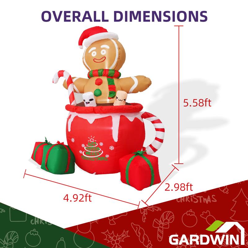 Christmas Gifts, Gardwin 6ft Gingerbread Christmas Inflatable Outdoor Decoration, Christmas Outdoor Decoration Blow up Gingerbread Mug Yard Decorations Clearance with Built-in LEDs for Indoor Garden Lawn Party Decor