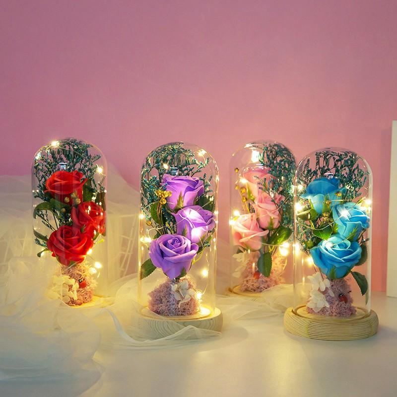 Christmas Artificial Rose with Led Light & Glass Cover for Room Decor, 1 Count Decorative Flower Plants for Party Ornaments, Office Decor, Home Decor, Birthday Gift for Girlfriend