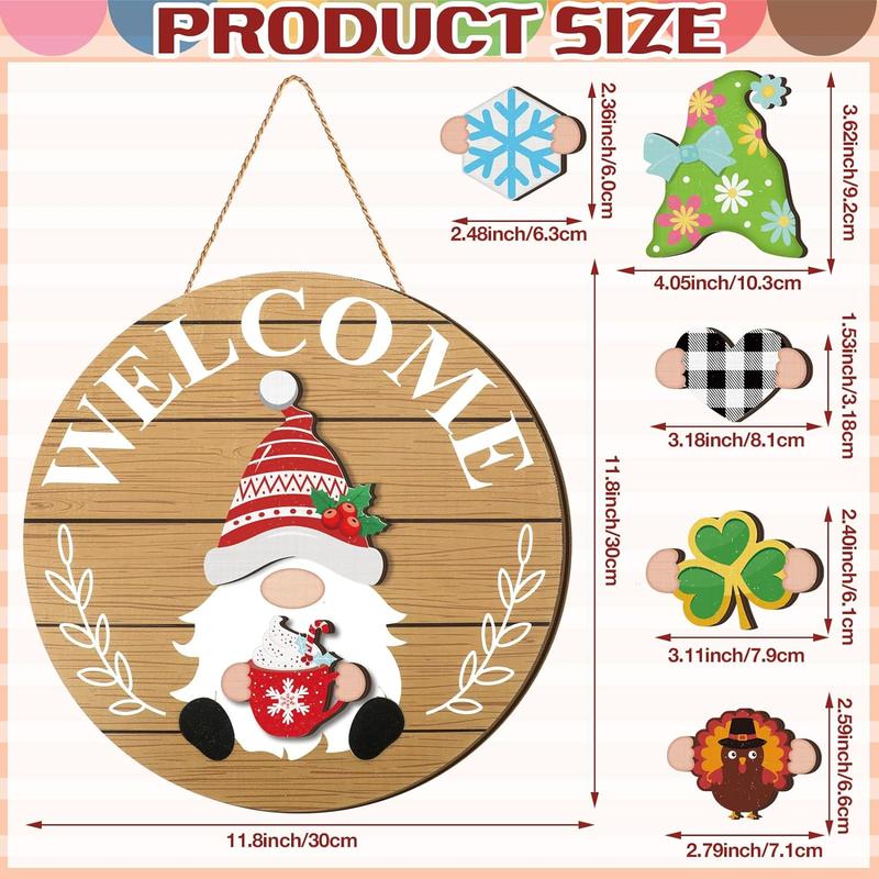 Interchangeable Wooden Gnome Decor Holiday Seasonal Gnome Decorations with 15 Magnet Pieces and 15 Detachable Hats Gnome Changeable Welcome Sign for Home