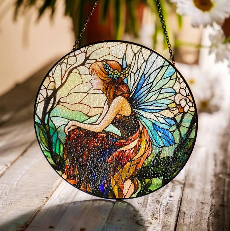 Fairy Stained Glass Sun Catcher – Enchanted Forest Fairy Window Hanging, Light Catcher for Home Decor, Perfect Gift for Fairy Lovers