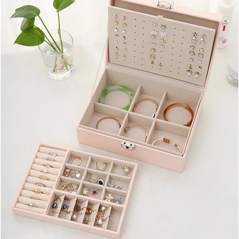 Large Capacity Jewelry Box Rings Earrings Display Leather Jewelry Tray Box Necklaces Portable Storage Organizer Gift For Girls