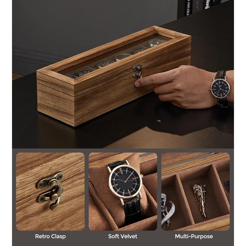 Watch Box, 6-Slot Watch Case, Watch Box Organizer with Glass Lid, Watch Display Case with Removable Pillows, Gift for Loved Ones