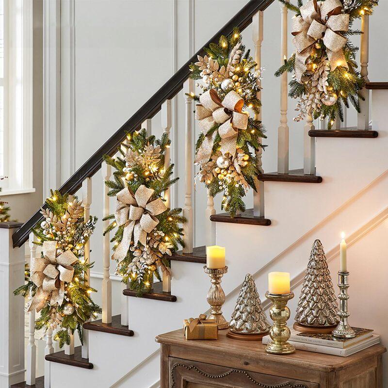 Light Up Christmas Swag Wreath, Cordless Prelit Stairway Swag Trim, Hanging Stair Teardrop Swag Garlands, for Front Door Holiday Outdoor Decor