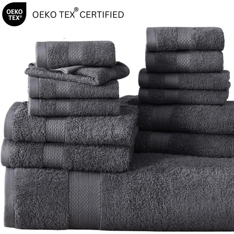 24 Piece Bath Towels Set - 100% Cotton Bathroom Towels, Absorbent Towels for Bathroom, 4 Large Bath Towels, 2 Bath Sheets, 6 Hand Towels, 8 Wash Cloths, 4 Fingertip Towels - Cool Grey