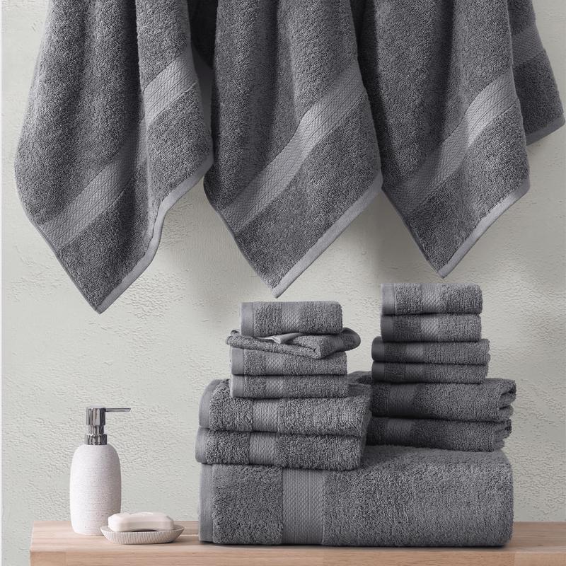 24 Piece Bath Towels Set - 100% Cotton Bathroom Towels, Absorbent Towels for Bathroom, 4 Large Bath Towels, 2 Bath Sheets, 6 Hand Towels, 8 Wash Cloths, 4 Fingertip Towels - Cool Grey