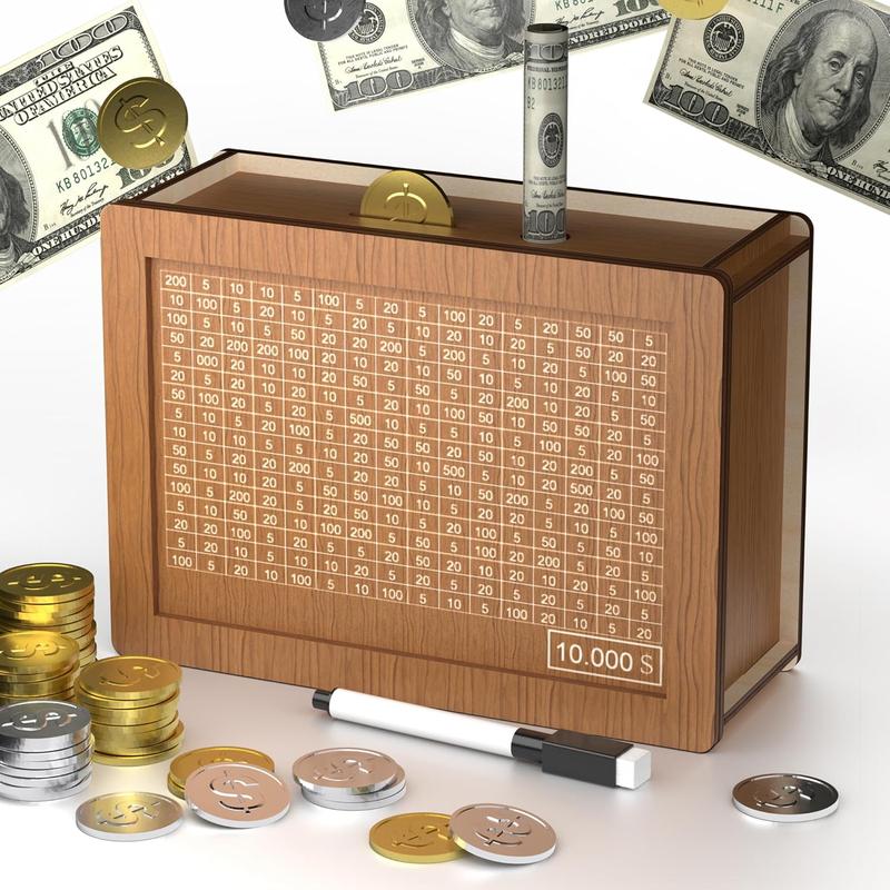 Cash Vault Wooden Savings Box,Wooden Cash Saver Money Box,Wooden Piggy Bank Coin Bank with Counting Target,10000 Savings Challenge Box,Wooden Coin Bank for Boys and Girls