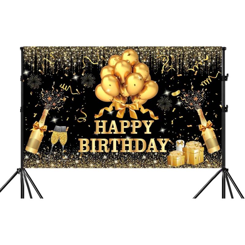 180x120 cm Glitter Gold Black Happy Birthday Backdrops Cloth 71x47 in. Black Golden Birthday Photography Background Happy Birthday Sign Wall Banner Birthday Celebration Decoration for Men Women