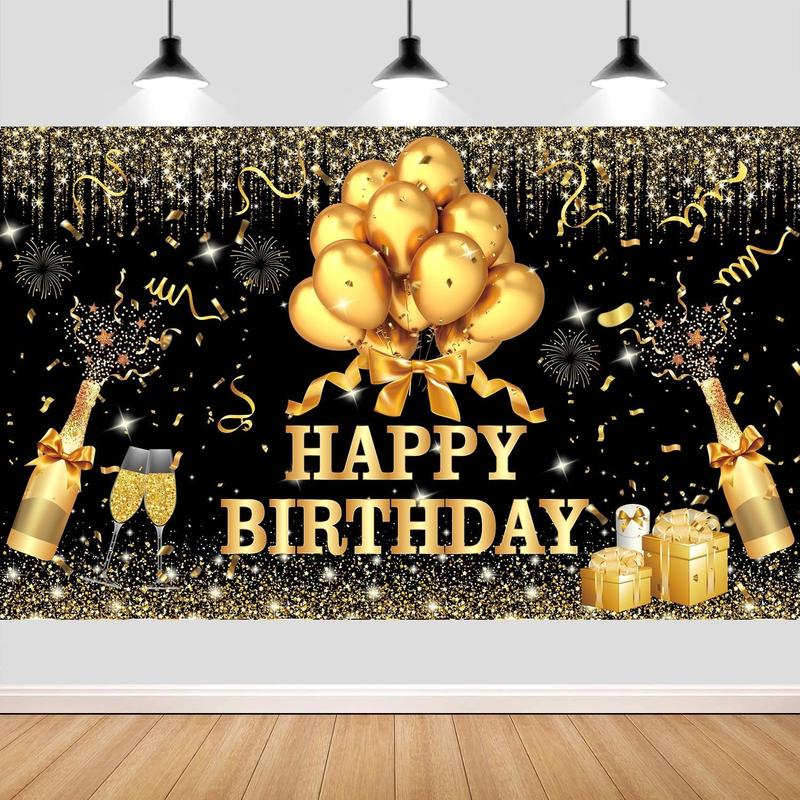 180x120 cm Glitter Gold Black Happy Birthday Backdrops Cloth 71x47 in. Black Golden Birthday Photography Background Happy Birthday Sign Wall Banner Birthday Celebration Decoration for Men Women