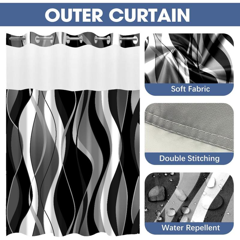 No Hook Shower Curtain with Snap in Liner Black Striped Shower Curtain and Liner Set White Shower Curtain Liner Modern Fabric Shower Curtain with See Through Top Window Washable, 71 x 74 Inch