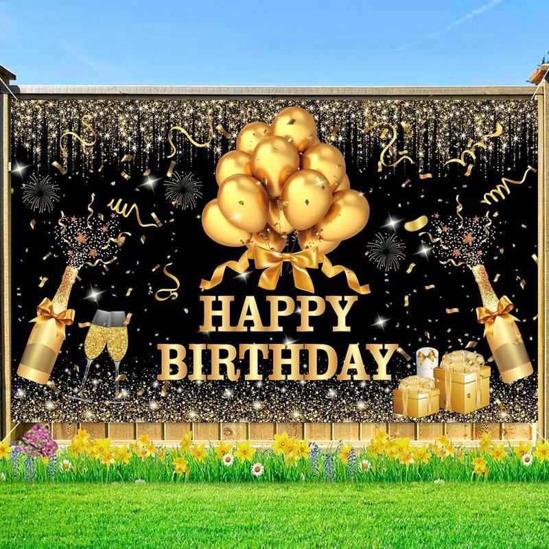 180x120 cm Glitter Gold Black Happy Birthday Backdrops Cloth 71x47 in. Black Golden Birthday Photography Background Happy Birthday Sign Wall Banner Birthday Celebration Decoration for Men Women