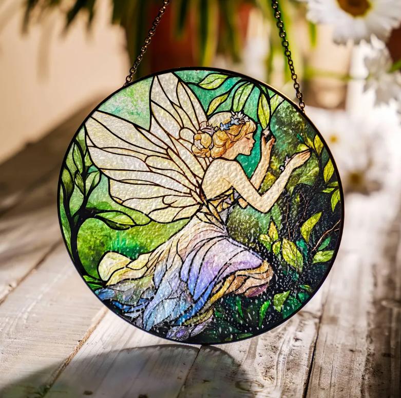 Fairy Stained Glass Sun Catcher – Enchanted Forest Fairy Window Hanging, Light Catcher for Home Decor, Perfect Gift for Fairy Lovers