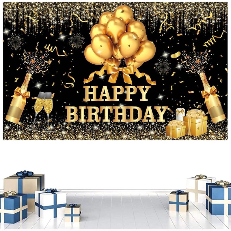 180x120 cm Glitter Gold Black Happy Birthday Backdrops Cloth 71x47 in. Black Golden Birthday Photography Background Happy Birthday Sign Wall Banner Birthday Celebration Decoration for Men Women