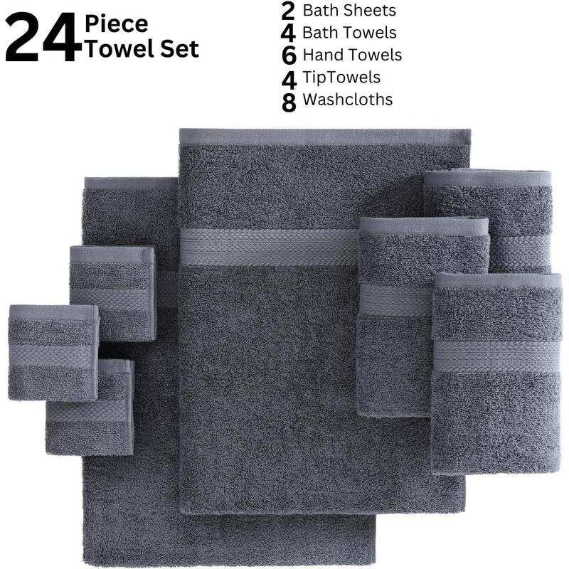 24 Piece Bath Towels Set - 100% Cotton Bathroom Towels, Absorbent Towels for Bathroom, 4 Large Bath Towels, 2 Bath Sheets, 6 Hand Towels, 8 Wash Cloths, 4 Fingertip Towels - Cool Grey