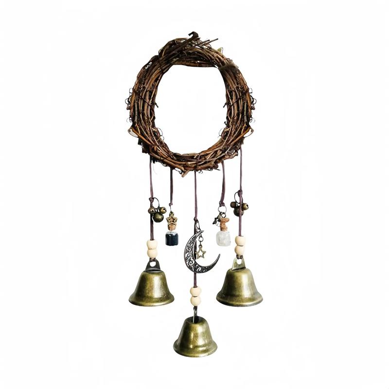 Witch Bell Hanging Decor, 1 Count Vintage Round Rattan with Bells & Bottles & Moon Hanging Ornament, Festive Home Decor for Living Room Bedroom