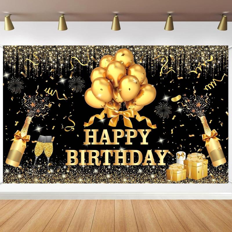 180x120 cm Glitter Gold Black Happy Birthday Backdrops Cloth 71x47 in. Black Golden Birthday Photography Background Happy Birthday Sign Wall Banner Birthday Celebration Decoration for Men Women