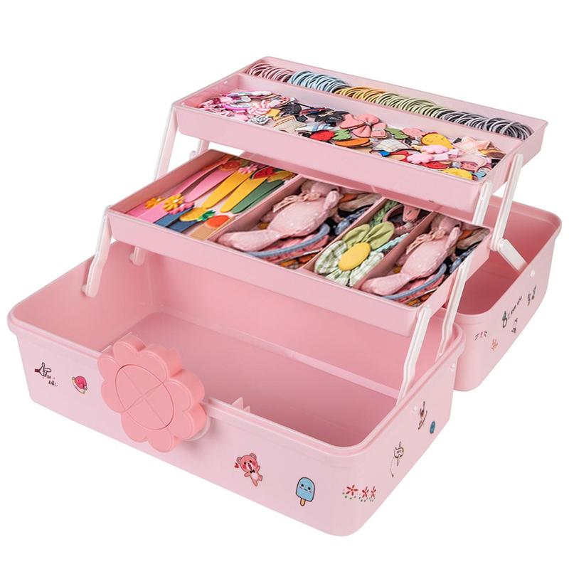 Hair Accessories Storage Box with Cartoon Stickers, 1 Count Portable Multi-layer Hairpin Organizer, Jewelry Case for Girls, Home Organizer for Bedroom