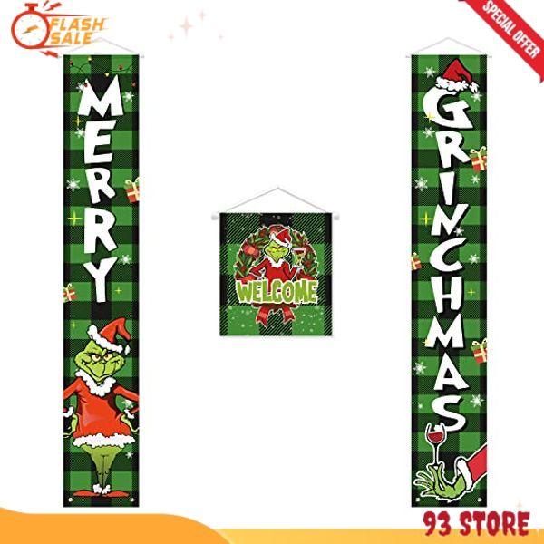 Christmas Decorations-Christmas Banner Porch Decorations Sign, 3 PCS Griinchs Christmas Door Banner Decorations, Indoor Outdoor