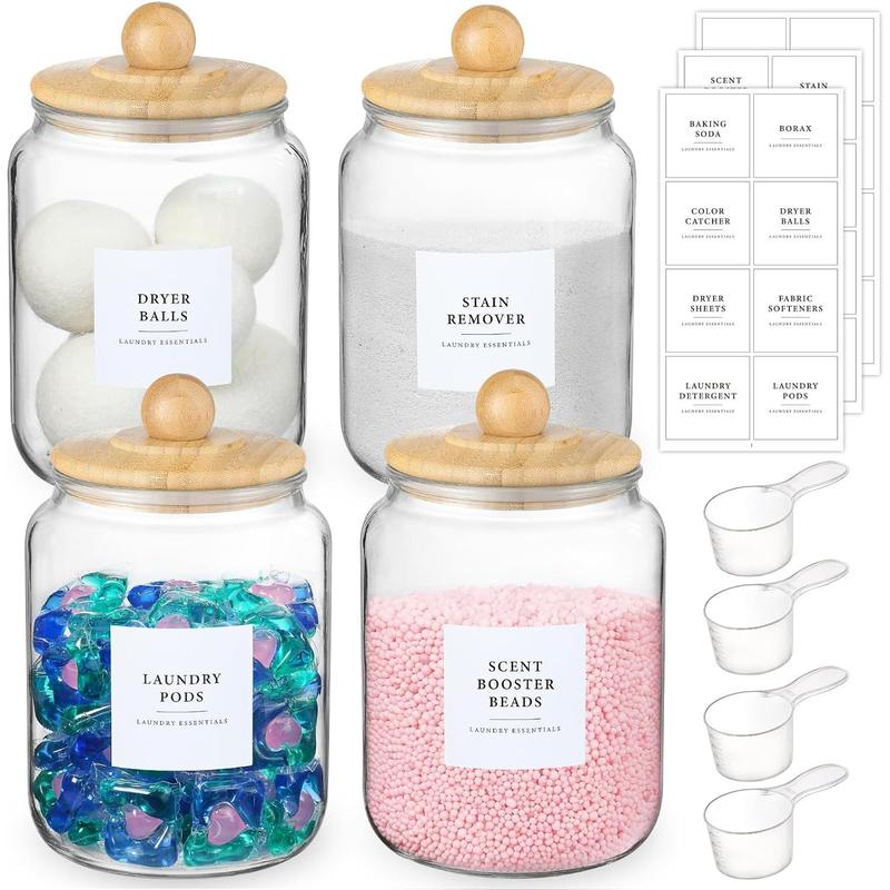 4 Pack Glass Jars with Lids and Labels, Glass Containers for Laundry Room Organization and Storage, Half Gallon Airtight Glass jars Holder for Laundry Detergent, Pods, Scent Booster Beads, 4 Spoons