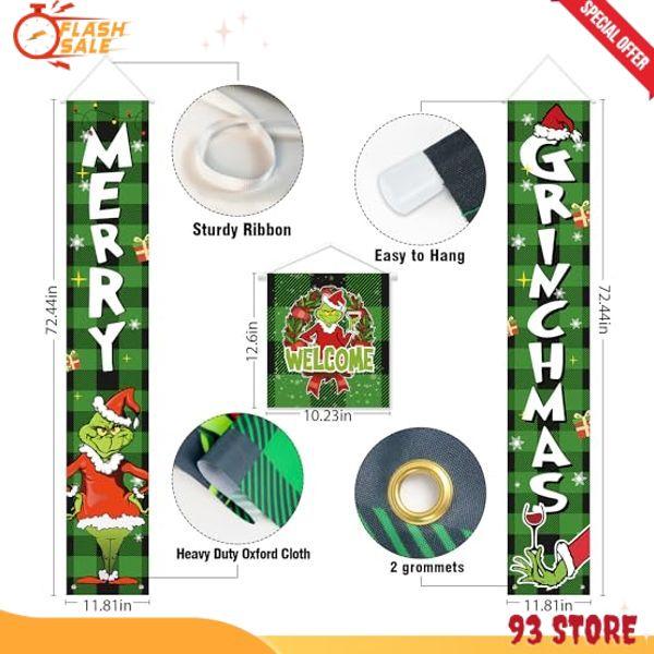 Christmas Decorations-Christmas Banner Porch Decorations Sign, 3 PCS Griinchs Christmas Door Banner Decorations, Indoor Outdoor