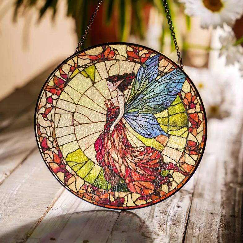 Fairy Stained Glass Sun Catcher – Enchanted Forest Fairy Window Hanging, Light Catcher for Home Decor, Perfect Gift for Fairy Lovers