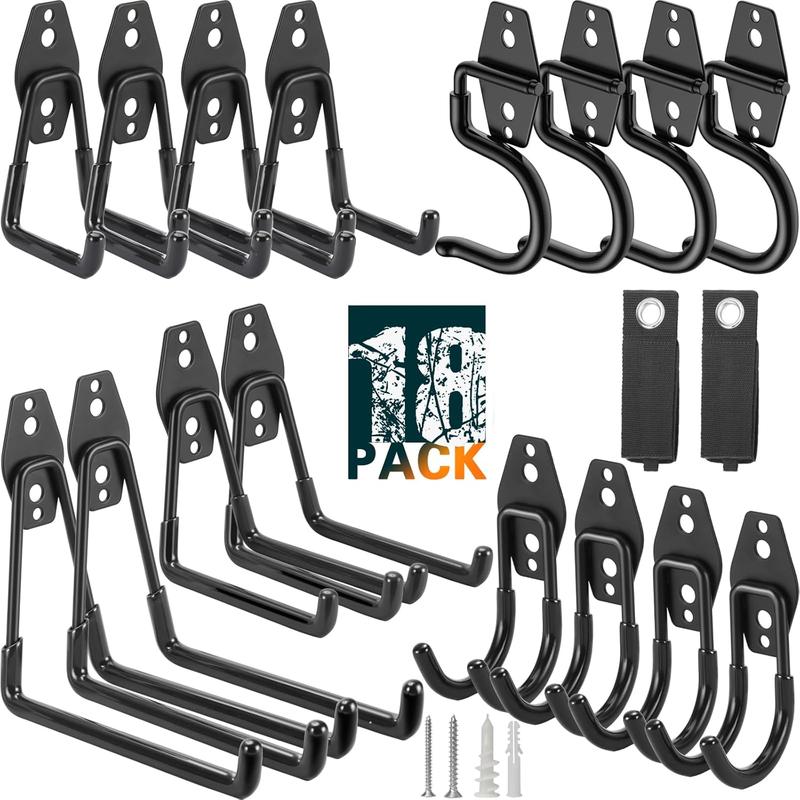 18 Pack Garage Hooks Heavy Duty, Wall Mount Steel Utility Hooks&Hangers, Garage Storage Organization and Tool Hangers for Power & Garden Tools, Ladders, Bikes, Ropes and Bulk Items