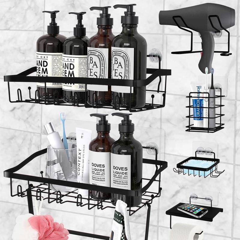 Large Capacity Stainless Steel Shower Caddy 7 Pack Adhesive Shelf Organizers for Bathroom Kitchen Storage