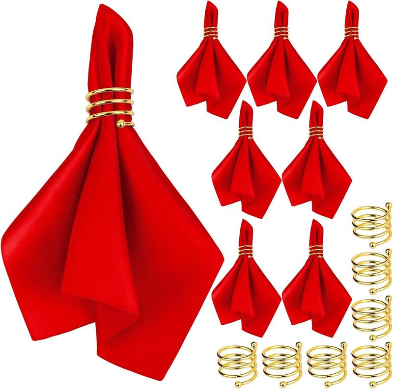 Satin Cloth Napkins and Napkin Rings Set of 8, Smooth Fabric Table Napkins and Napkin Holder for Wedding, Birthday Dinner Party, Family Gatherings, Table Decor (Red, 17 x 17 Inches)