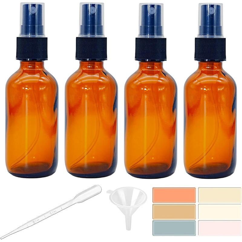 4 PACK 2 oz Small Amber Glass Spray Bottles, 2oz Mini Travel Empty Fine Mist Spray Bottle with Funnel and Labels for Hair, Plants, Perfume