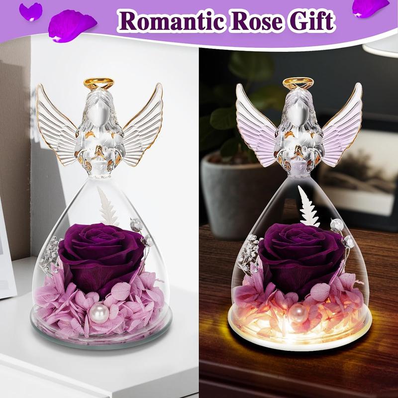 Preserved Flowers Gift for Mom, Grandma, Angel Figurine with Rose & Light, Ideal Birthday, Mother's Day, Valentine's Day, Christmas, Thanksgiving Day Gift for Her, Women, Wife Decor Decorative