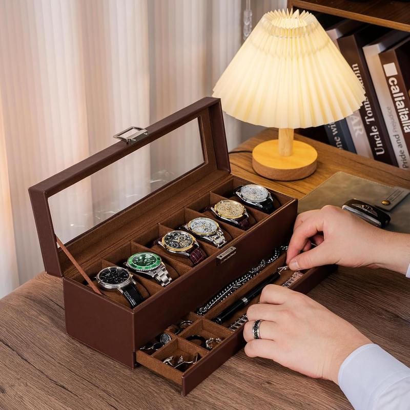 Watch Box for Men, 6 Slot  3Slot Watch Display Case with Drawer, Men Watch Case With Glass Lid, Watch Storage Watch Holder Organizer for Men Women -6 Slot