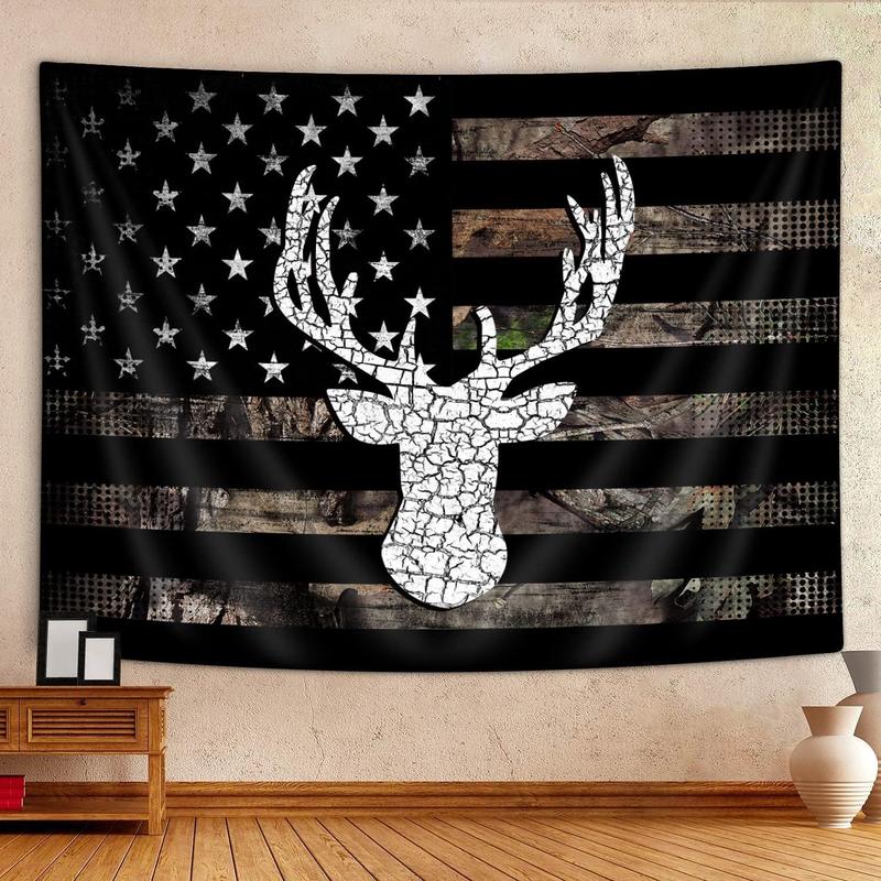 American Flag Hunting Tapestry, Western Black and White Country Deer Tapestry Wall Hanging for Men Bedroom Room, Rustic Camo Tapestries Poster Blanket College Dorm Home Decor 60X40 Inches