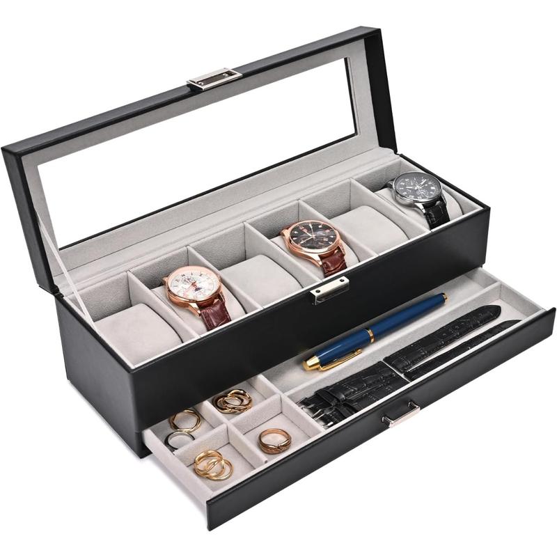 Watch Box for Men, 6 Slot  3Slot Watch Display Case with Drawer, Men Watch Case With Glass Lid, Watch Storage Watch Holder Organizer for Men Women -6 Slot