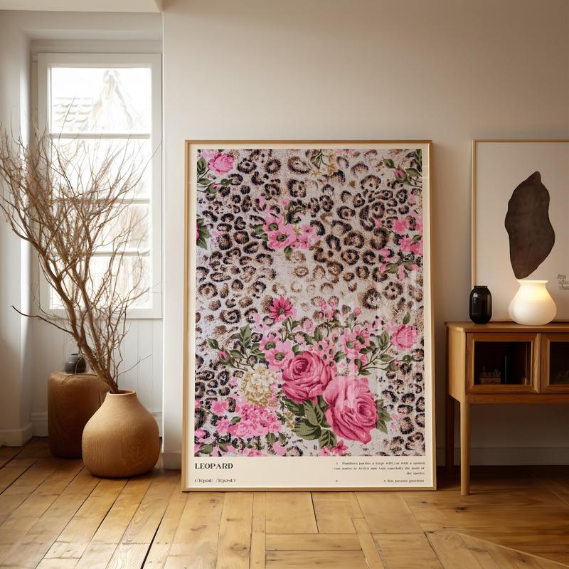 Leopard Wall Art, Photography Definition Print, Floral Pattern Leopard Poster