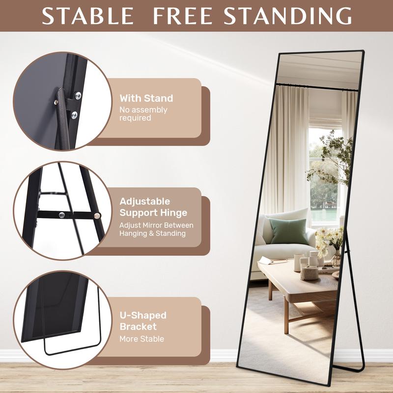 Melodieux Full Body Dressing Mirror Standing Floor Mirror for Bedroom Wall Mounted Mirror for Living Room Home Decor, Aluminum Alloy Thin Frame