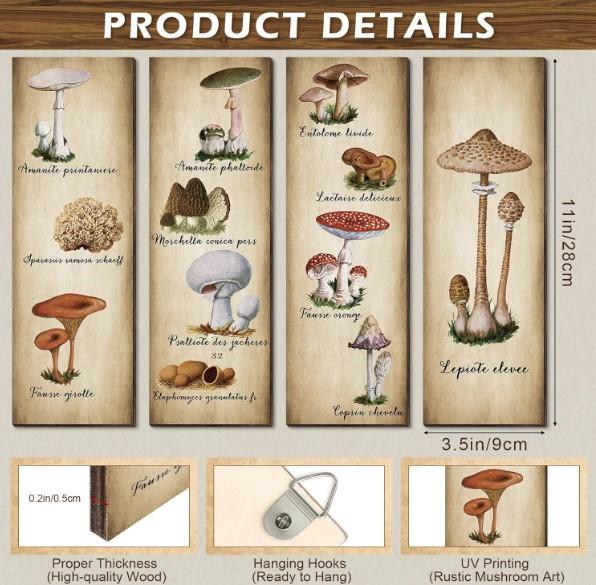 4 Pack Mushroom Wall Decor Vintage Mushroom Wall Art Sign Rustic Wooden Mushroom Kitchen Decor Mushroom Poster Hanging Fungus Aesthetic Art for Bedroom... Size:11 x 3.5 Inch