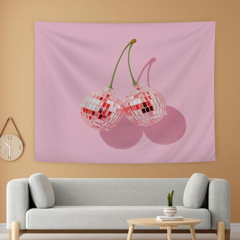 Pink Preppy Cherry Disco Ball Tapestry - Pink Preppy Tapestry Wall Hanging for Girls Room Dorm, Preppy Room Decor Aesthetic, Pink Wall Blanket Decor, 50x60 Inches