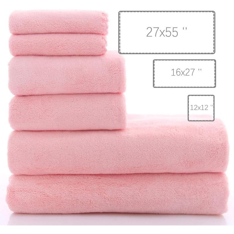 Ultra Soft Towel Set - Quick Drying - 2 Bath Towels 2 Hand Towels 2 Washcloths - Microfiber Coral Velvet Highly Absorbent Towel for Fitness, Bathroom, Sports, Yoga, Travel (Pink, 6 Pcs)