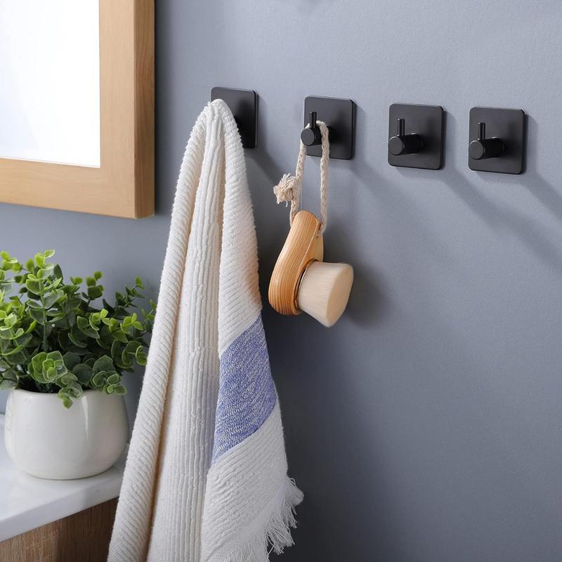 Adhesive Hooks Towel Hook - Wall Hooks Stick on Hooks Heavy Duty for Hanging Towels Coat Hat Bag in Bathroom, Bedroom, Dorm, SUS-304 Stainless Steel Matte Black 4 Packs Organiser Hangable Hangers