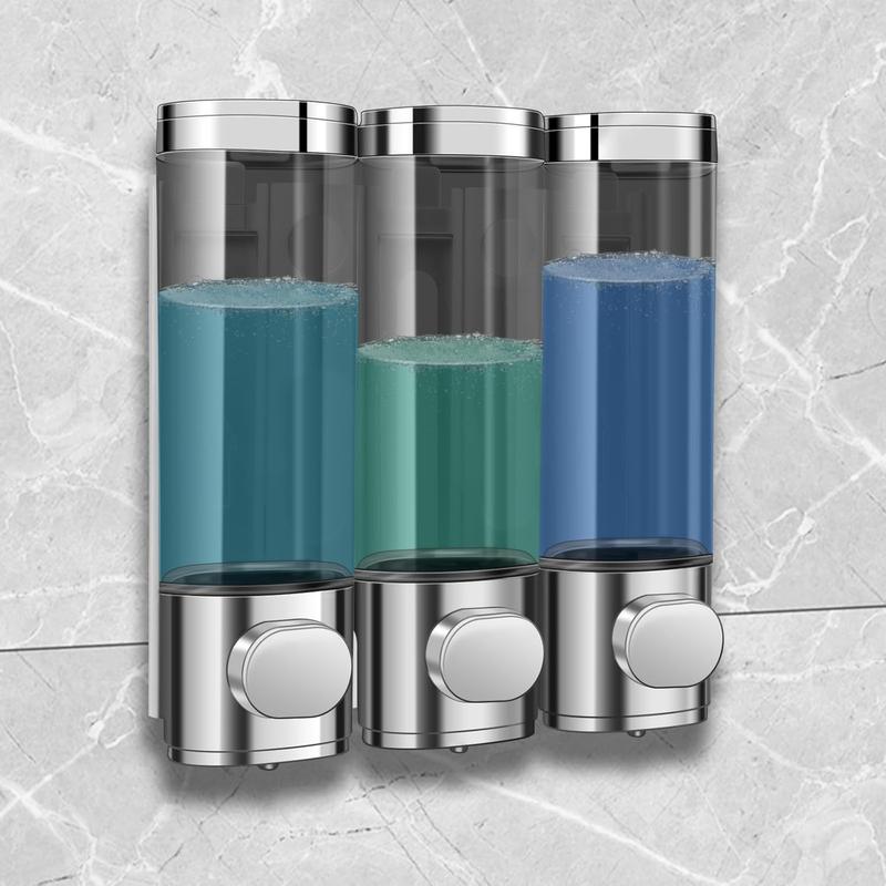 Shampoo and Conditioner Dispenser, Bathroom Shower Dispenser 3 Chamber No Drill Shampoo Dispenser, Perfect for Bathroom Wall, Kitchen Wall, Hotel Shower - Silver Soap auto soapdispenser shampoodispenser d is Wall-Mounted 3-in-1 shower soapdispenser