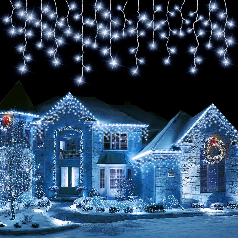 PEMOTech Icicle Lights for Outside - 32.8FT 432 LED Christmas Lights with Remote, 8 Modes, Waterproof for House Decorations Ornaments