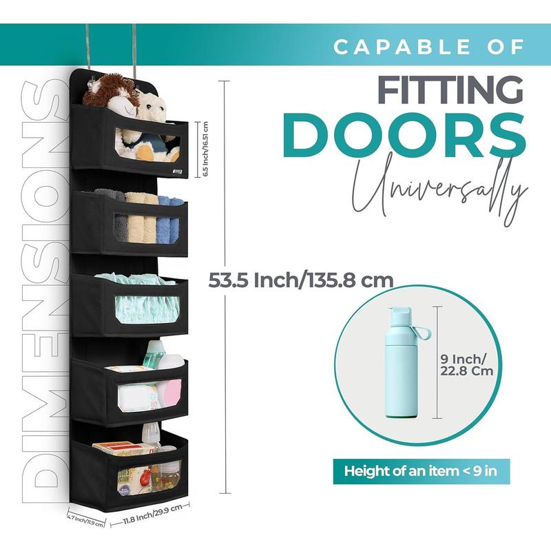 Hanging Closet Organizer, Over The Door Storage with Compartments, Over The Door Pantry Organizer, Hanging Organizers for Sweaters (5 Pockets, Black)